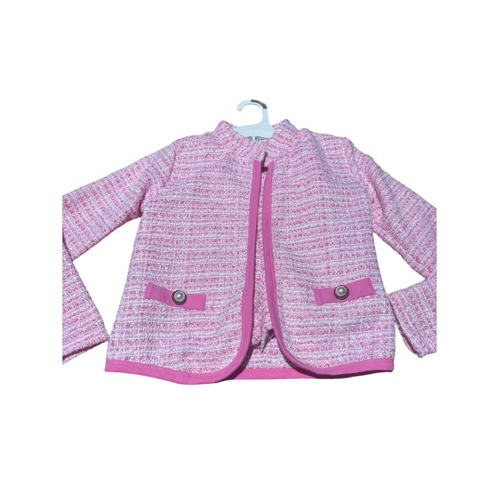 BMG 10/12 pink white shorts jacket gold buttons boucle material fancy like new